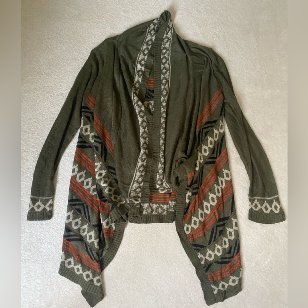 Wet Seal Olive and Rust Patterned Open-Front Cardigan